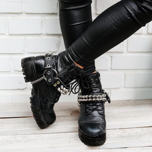 Leather Bootstraps – Pair of Handmade Gothic Spiked Shoe Accessories – Studded Punk Emo Goth Cuffs for Boots – Black Cowhide with Chains in Kuwait