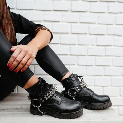 Leather Bootstraps – Pair of Handmade Gothic Spiked Shoe Accessories – Studded Punk Emo Goth Cuffs for Boots – Black Cowhide with Chains in Kuwait