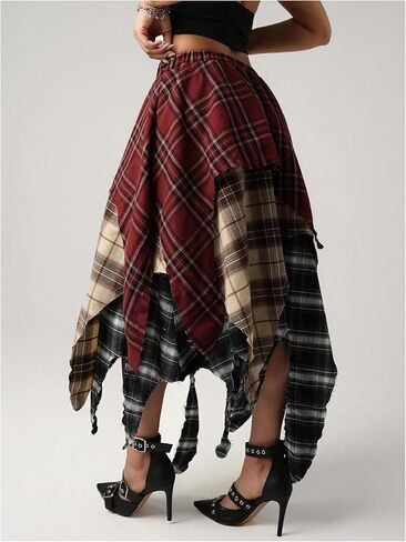 تنورة طويلة منقوشة للنساء من SweatyRocks Y2K Grunge بخصر مطاطي غير متماثل على شكل حرف A in Kuwait
