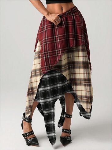 تنورة طويلة منقوشة للنساء من SweatyRocks Y2K Grunge بخصر مطاطي غير متماثل على شكل حرف A in Kuwait