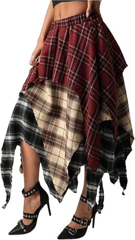 تنورة طويلة منقوشة للنساء من SweatyRocks Y2K Grunge بخصر مطاطي غير متماثل على شكل حرف A in Kuwait