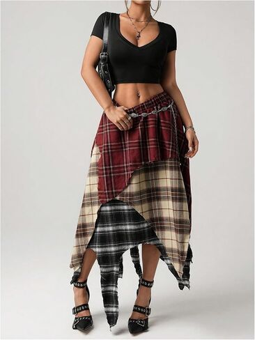 تنورة طويلة منقوشة للنساء من SweatyRocks Y2K Grunge بخصر مطاطي غير متماثل على شكل حرف A in Kuwait