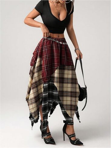 تنورة طويلة منقوشة للنساء من SweatyRocks Y2K Grunge بخصر مطاطي غير متماثل على شكل حرف A in Kuwait