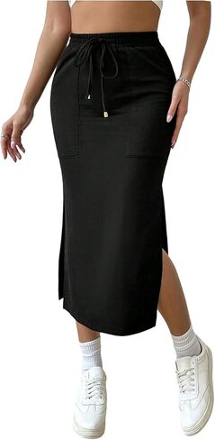 OYOANGLE Women's Split Thigh Bodycon Midi Skirt Drawstring Waist Long Skirts with Pockets in Saudi Arabia