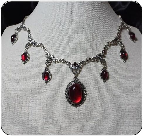 Gothic Bat Blood Drop Necklace for Women Men Vintage Oval Red Black Crystal Reliefs Necklace Statement Tassel Pendant Necklace Victoria Vampire Halloween Jewelry in Saudi Arabia