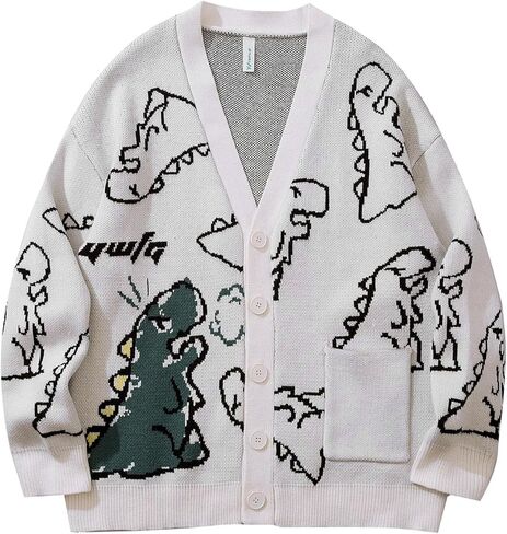Wyeysyt Mens Dinosaur Cardigan Sweater Oversized Knit Cartoon Button Down Sweater Unisex Long Sleeve Vintage Sweater in Saudi Arabia