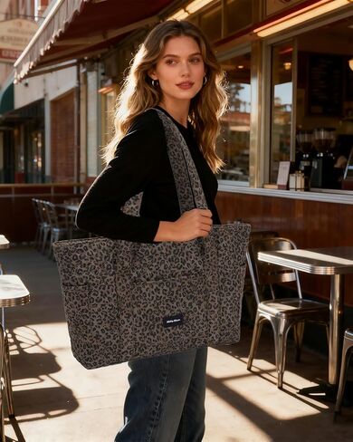 Molly Moon Quilted Leopard Tote Bag for Women, Cheetah Tote Bag with Zipper & Wet Pockets, Leopard Print Quilted Cotton Shoulder Bag for College Travel Gym, Women's Gifts for Sister Teachers Moms in Saudi Arabia