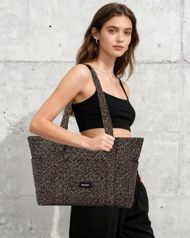 Molly Moon Quilted Leopard Tote Bag for Women, Cheetah Tote Bag with Zipper & Wet Pockets, Leopard Print Quilted Cotton Shoulder Bag for College Travel Gym, Women's Gifts for Sister Teachers Moms in Saudi Arabia