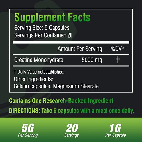 Creatine Monohydrate, 5000mg (5 Capsules) Per Serving, Creatine Capsules (40 Servings) for Supports Strength, Lean Muscle, Power Output & Workout Performance – Gluten Free, for Men & Women in Saudi Arabia