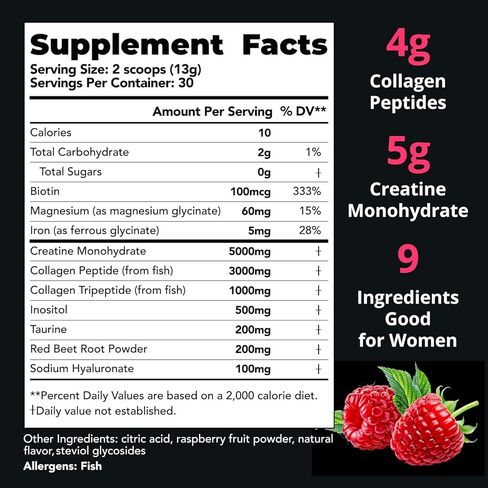 Creatine for Women | 5g Creatine Monohydrate + 4g Collagen Peptides Complex Creatine Powder | Sugar-Free, Gluten-Free, Non-GMO, Easily Soluble | Raspberry, 30 Servings in Saudi Arabia