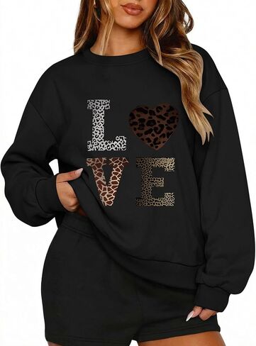 Women’s Sweatshirt Loose Fit Crewneck Pullover Love Leopard Print Graphic Hip-Hop Y2k Street Oversize Style in Saudi Arabia