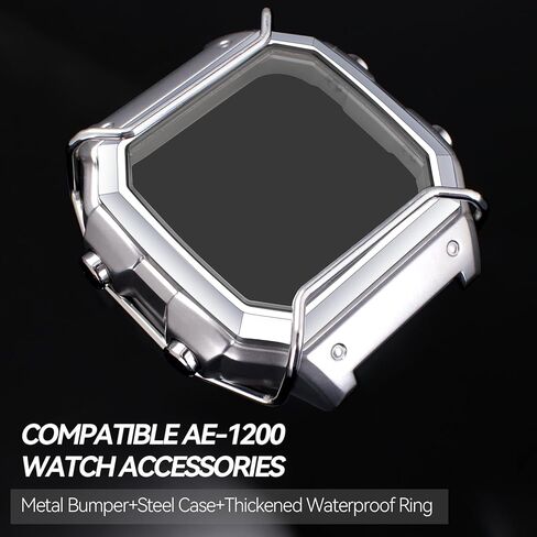 Kolexchi Stainless Steel Watch Case & Bumper Compatible with Casio AE-1200 AE-1300, Metal Bezel with Shock Absorber Bar for Men, Mod Kit for AE1200WHD AE-1200WH AE-1300WH (Silver case + Silver bumper) in Saudi Arabia