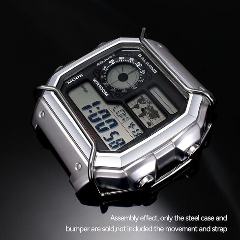 Kolexchi Stainless Steel Watch Case & Bumper Compatible with Casio AE-1200 AE-1300, Metal Bezel with Shock Absorber Bar for Men, Mod Kit for AE1200WHD AE-1200WH AE-1300WH (Silver case + Silver bumper) in Saudi Arabia