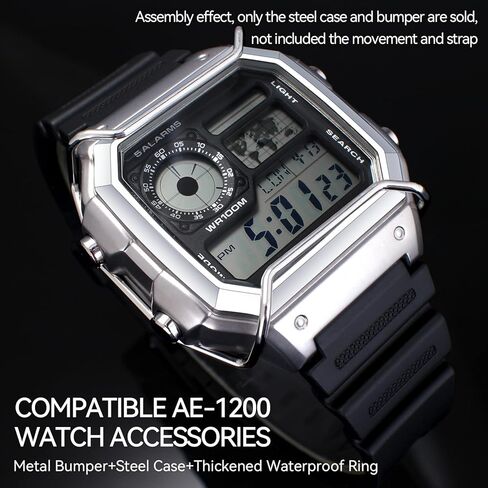 Kolexchi Stainless Steel Watch Case & Bumper Compatible with Casio AE-1200 AE-1300, Metal Bezel with Shock Absorber Bar for Men, Mod Kit for AE1200WHD AE-1200WH AE-1300WH (Silver case + Silver bumper) in Saudi Arabia