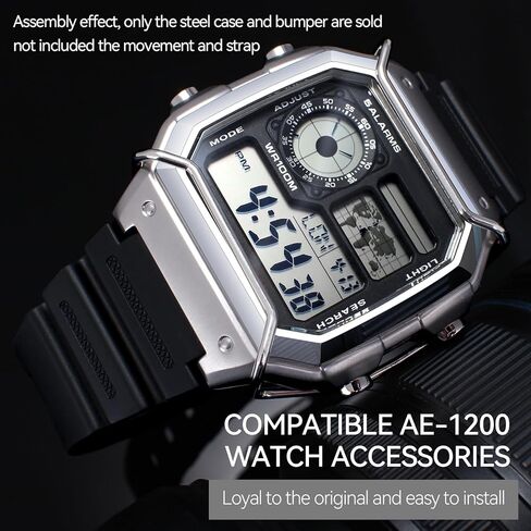 Kolexchi Stainless Steel Watch Case & Bumper Compatible with Casio AE-1200 AE-1300, Metal Bezel with Shock Absorber Bar for Men, Mod Kit for AE1200WHD AE-1200WH AE-1300WH (Silver case + Silver bumper) in Saudi Arabia