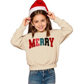 Christmas Sweatshirt for Girl Boy Merry Chenille Patch Pullover Shirt Kid Xmas Crewneck Long Sleeve Outfit 7-12 Years in Saudi Arabia