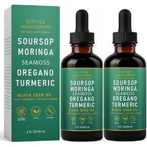 قطرات سائلة من QIZFYZZ، قطرات سائلة 10 في 1 مع طحالب البحر، المورينغا، زيت الكركم، زيت الحبة السوداء، الأوريجانو للصحة العامة، دعم المفاصل (1) in Kuwait
