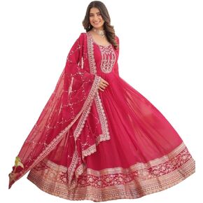Faux Blooming Gown with Sequins Embroidered Work, Full Sleeves, Round Neck, Cotton Lining, 56 Inch Length, Includes Dupatta in Saudi Arabia