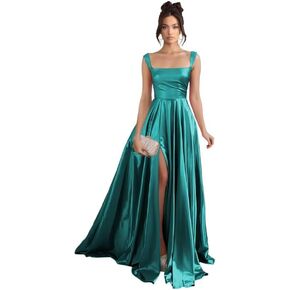 Stylefun Women's Satin A Line Prom Dresses with Slit Long Square Neck Formal Cocktail Party Dress with Pockets STN003 in Kuwait