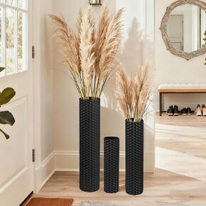 Black Tall Floor Vase - Set of 3 Extra Large Metal Decorative Vases for Living Room, 27.6" Long Modern Honeycomb Texture Big Cylinder Standing Corner Decor for Home Dining Bedroom Pampas Grass in Saudi Arabia