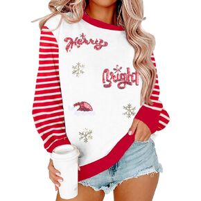 Merry and Bright Sweatshirt Women Merry Christmas Letter Print Long Sleeve Sweater Xmas Crewneck Pullover Casual Blouse Tops in Kuwait