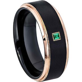 0.05ctw - 0.10ctw Princess Cut Emerald Birthstone Cobalt Ring - Matte Black & Rose Gold IP Stepped Edge Cobalt Mens Wedding Band - May Birthstone Ring in Saudi Arabia