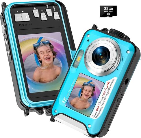 4K Underwater Camera 56MP Autofocus 11FT Waterproof Camera Dual-Screen Selfie 16X Underwater Camera for Snorkeling Waterproof Compact Floatable Digital Camera with 32GB Card in Kuwait