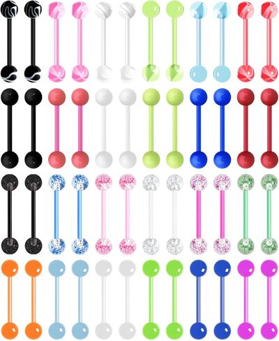 48Pcs 14G Glow in Dark Acrylic Tongue Barbells Flexible Plastic Straight Tongue Piercing Jewelry for Women Candy Color Tongue Rings 16mm Bar in Kuwait