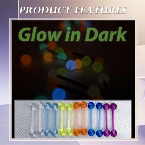 48Pcs 14G Glow in Dark Acrylic Tongue Barbells Flexible Plastic Straight Tongue Piercing Jewelry for Women Candy Color Tongue Rings 16mm Bar in Kuwait