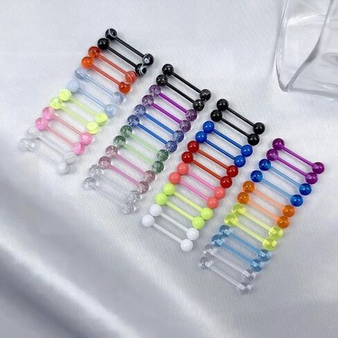 48Pcs 14G Glow in Dark Acrylic Tongue Barbells Flexible Plastic Straight Tongue Piercing Jewelry for Women Candy Color Tongue Rings 16mm Bar in Kuwait