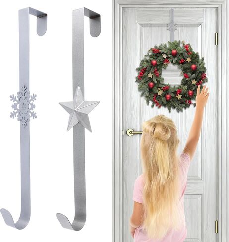2Pcs Wreath Hangers for Front Door Snowflake and Star Silver Wreath Door Hanger 15 Inch Metal Holiday Garland Hanger Holder Hook for Christmas Decorations Welcome Sign in Saudi Arabia