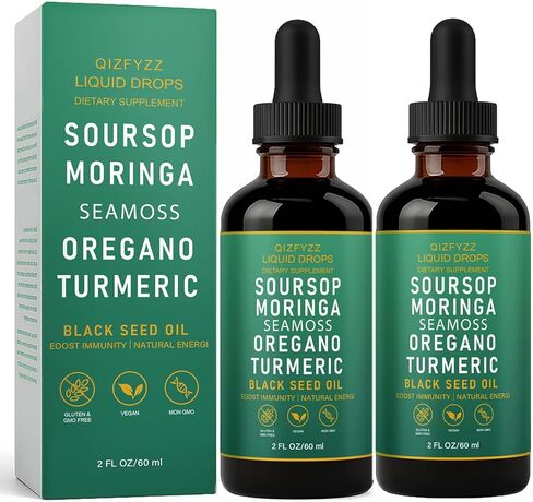 قطرات سائلة من QIZFYZZ، قطرات سائلة 10 في 1 مع طحالب البحر، المورينغا، زيت الكركم، زيت الحبة السوداء، الأوريجانو للصحة العامة، دعم المفاصل (1) in Kuwait