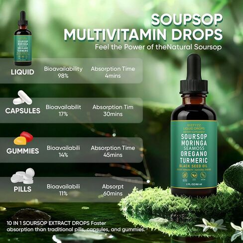 قطرات سائلة من QIZFYZZ، قطرات سائلة 10 في 1 مع طحالب البحر، المورينغا، زيت الكركم، زيت الحبة السوداء، الأوريجانو للصحة العامة، دعم المفاصل (1) in Kuwait