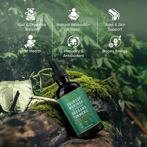 قطرات سائلة من QIZFYZZ، قطرات سائلة 10 في 1 مع طحالب البحر، المورينغا، زيت الكركم، زيت الحبة السوداء، الأوريجانو للصحة العامة، دعم المفاصل (1) in Kuwait