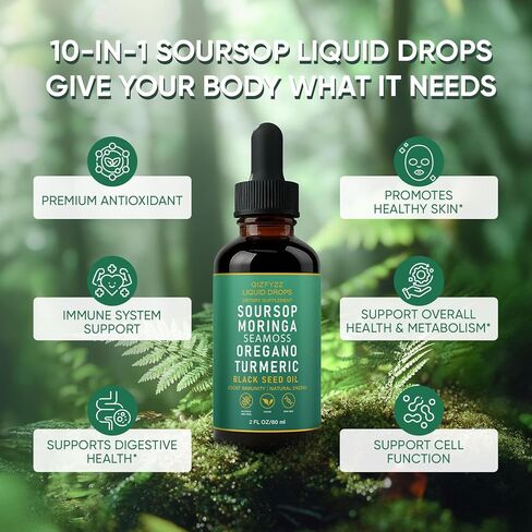 قطرات سائلة من QIZFYZZ، قطرات سائلة 10 في 1 مع طحالب البحر، المورينغا، زيت الكركم، زيت الحبة السوداء، الأوريجانو للصحة العامة، دعم المفاصل (1) in Kuwait