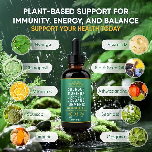 قطرات سائلة من QIZFYZZ، قطرات سائلة 10 في 1 مع طحالب البحر، المورينغا، زيت الكركم، زيت الحبة السوداء، الأوريجانو للصحة العامة، دعم المفاصل (1) in Kuwait