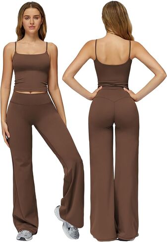 Womens Workout Sets Two Piece Spaghetti Straps Crop Top Matching Straight Leg Pants Gym Work Pilates Outfits in Saudi Arabia
