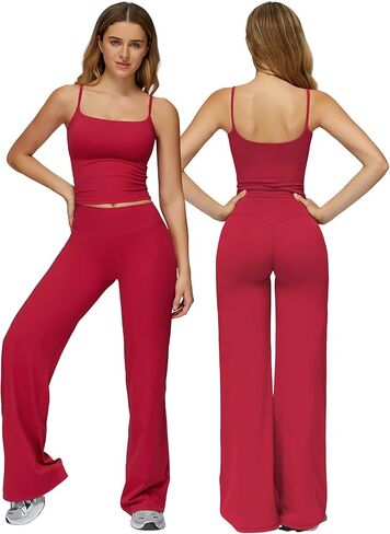 Womens Workout Sets Two Piece Spaghetti Straps Crop Top Matching Straight Leg Pants Gym Work Pilates Outfits in Saudi Arabia