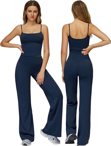 Womens Workout Sets Two Piece Spaghetti Straps Crop Top Matching Straight Leg Pants Gym Work Pilates Outfits in Saudi Arabia
