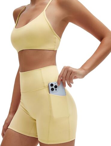 SUUKSESS Workout Sets for Women Y Back Sports Bras Padded Racerback Low Impact Thin Strap Top Biker Shorts with Pockets in Saudi Arabia