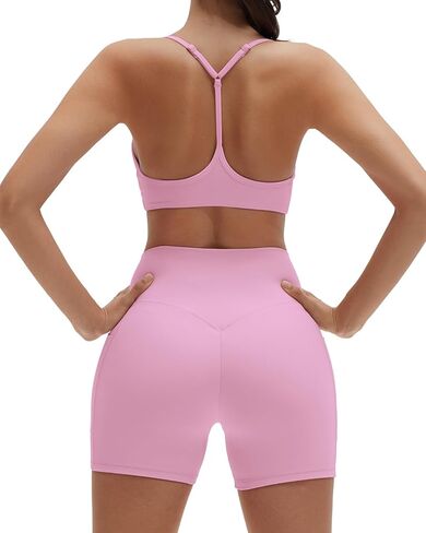 SUUKSESS Workout Sets for Women Y Back Sports Bras Padded Racerback Low Impact Thin Strap Top Biker Shorts with Pockets in Saudi Arabia
