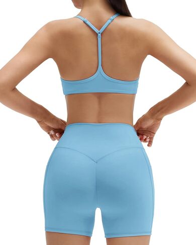 SUUKSESS Workout Sets for Women Y Back Sports Bras Padded Racerback Low Impact Thin Strap Top Biker Shorts with Pockets in Saudi Arabia