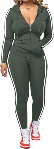 Women 2 Piece Outfits Casual Workout Sets Striped Bodycon Tracksuit Zip Up Long Sleeve Hoodle Jacket Jogger Pant Set in Saudi Arabia