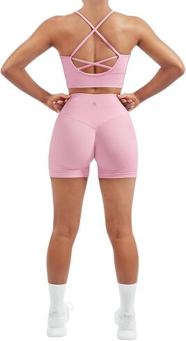 SUUKSESS Women Seamless 2 Piece Workout Sets Criss Cross Sports Bra High Waist Booty Shorts in Saudi Arabia