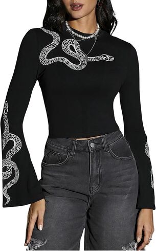 Verdusa Women's Bell Sleeve Snake Print Round Neck Gothic Crop Tee Top in Saudi Arabia