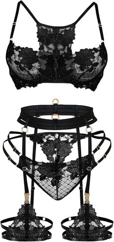 Parthenope Sexy Lingerie for Women Lace Bra and Panty with Underwire Lingerie 3 Piece Floral Garter Womens Lingerie, Black in Saudi Arabia
