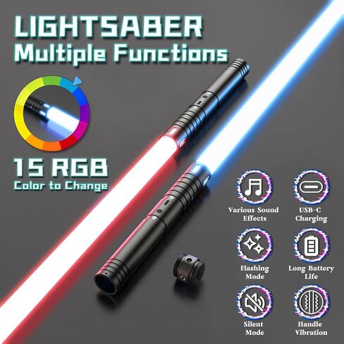 سيف ضوئي، سيوف ضوئية للأطفال مع 15 لونًا RGB، سيوف ضوئية مبارزة مع أصوات FX، سيف ضوئي قابل لإعادة الشحن USB-C للعب دور الكبار في أعياد الميلاد in Kuwait