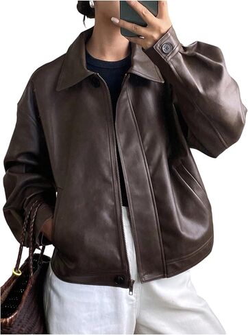 Milumia Women's Y2k Faux Leather Zip Up Jacket Lapel Collar Long Sleeve Motorcycle Jackets with Pockets in Saudi Arabia