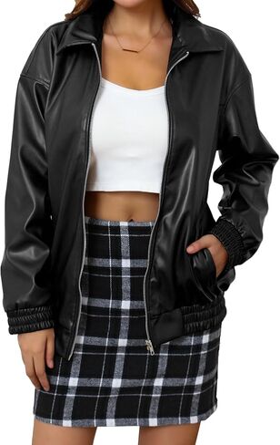We1Fit Womens Oversized Faux Leather Jacket 2025 Fashion Outfits Motorcycle Zip Up Bomber Biker Coats Winter Fall Clothes in Saudi Arabia