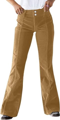 Flamingals Flare Mid Waist Corduroy Seam Front Dual Button Pants for Women in Saudi Arabia